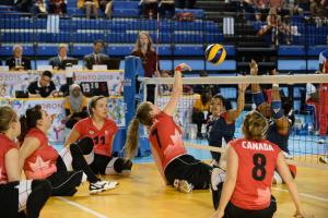 Canada's women's sitting volleyball team playing Cuba in the bronze medal game at the Toronto 2015 Parapan American Games.