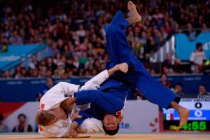 Eduardo Avila Sanchez of Mexico and Dmytro Solovey of Ukraine compete in the Men's 73kg Judo Semifinals at the London 2012 Paralympic Games. 