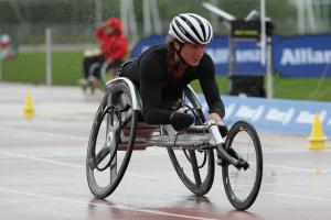 Tatyana Mcfadden competes in torrential rain at the 2016 IPC Athletics Grand Prix in Nottwil, Switzerland.