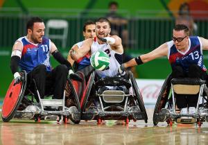 Kory Puderbaugh of United States and Christophe Salegui and Jonathan Hivernat of France compete at the Rio 2016 Paralympic Games.