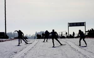A group of cross-country skiers competing